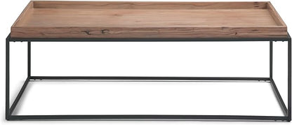 SIMPLIHOME Carter Coffee Table - 47 inch Wide Solid Acacia Wood Industrial Tray Top Cocktail Table in Natural Acacia, Stylish Living Room Table with Fixed Tray Shelf and Metal Base