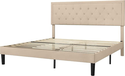 Allewie King Size Fabric Upholstered Bed Frame with Diamond Button Tufted/Adjustable Headboard/Wood Slat Support/Mattress Foundation/Beige