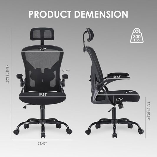 Farini Ergonomic Office Chair, Home Office Desk Chair with Headrest, High Back Computer Chair with Armrests and Adjustable Lumbar Support for Home Office Study Room, Black & Dark Black