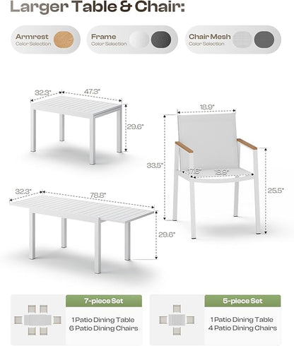 Expandable Outdoor Patio Dining Table Set for 6-8 Person, Aluminum Outdoor Table and 4 Chairs with Textilene Fabric & HDPS Armrest, All-Weather Patio Furniture Set for Yard, Garden, White