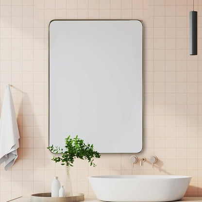 ANDY STAR Gold Bathroom Mirror for Wall, 20x28” Brushed Brass Metal Rounded Corner Rectangle Mirror, Wall Mirror in Stainless Steel Metal Frame, 1" Deep Set Design Hangs Horizontal Or Vertical