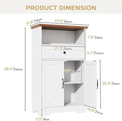 Floor Cabinet, Farmhouse Storage Cabinet with Barn Doors and Drawer, 11.81" D x 23.62" W x 39.37" H White Freestanding Adjustable Shelf Organizer for Bathroom, Kitchen, Living Room
