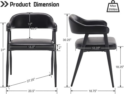 HNY Modern Dining Room Arm Chairs Set of 2, Retro Faux Leather Upholstered Barrel Dining Chairs with Arms Mid-Century Black Accent Chair with Metal Legs, Open-Back Kitchen Side Chair for Living Room
