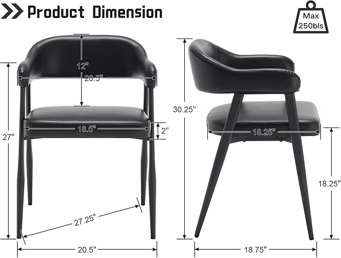 HNY Modern Dining Room Arm Chairs Set of 4, Retro Faux Leather Upholstered Barrel Dining Chairs with Arms Mid-Century Black Accent Chair with Metal Legs, Open-Back Kitchen Side Chair for Living Room