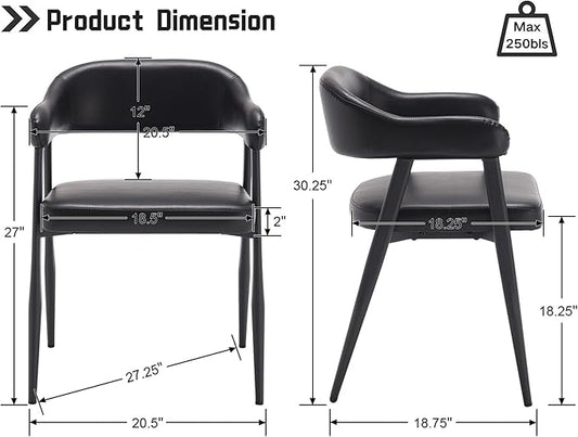 HNY Modern Dining Room Arm Chairs Set of 4, Retro Faux Leather Upholstered Barrel Dining Chairs with Arms Mid-Century Black Accent Chair with Metal Legs, Open-Back Kitchen Side Chair for Living Room