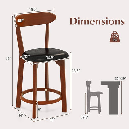 COSTWAY Bar Stool Set of 4, 23.5'' Counter Height Barstools w/Curved Backrest, Faux Leather Cushion & Rubber Wood Frame, Mid Century Modern Island Chairs for Kitchen Bar Cafe, Walnut