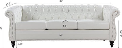 LEVNARY Chesterfield Sofa, Classic Tufted Upholstered Leather Couch, Modern 3 Seater Couch Furniture with Tufted Back for Living Room Office (Cream White)