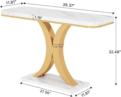 Tribesigns Modern Gold Console Table, 40 inch Narrow Entryway Foyer Table with Geometric Base, Rustic Hallway Accent Table for Living Room, Entrance, White and Gold