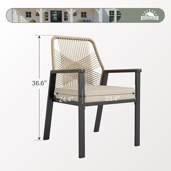 Patio Dining Chairs Set of 4, Heavy-Duty Woven Rope Outdoor Chairs with Waterproof Cushion and Wrought Iron Frame, All-Weather Outside Seating for Kitchen Garden Deck Backyard