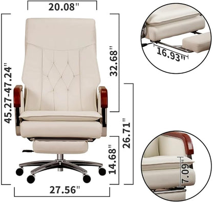 Kinnls Cameron Massage Chair Genuine Leather with Heated Ventilation, Managerial Executive Home Office Chair Fully Reclining with Retractable Footrest and Adjustable Headrest (Cowhide Leather-White)