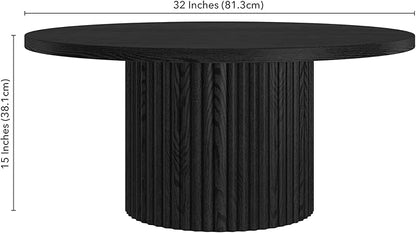 Henn&Hart 32" Fluted Round Wood Pedestal Low-Profile Coffee Table for Living Room, Family Room, Office, or Apartment, Black Grain