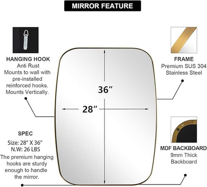 ANDY STAR Gold Mirror for Bathroom, 28x36 Inch Stainless Steel Metal Frame Oblong Bathroom Mirror for Vanity, 1’’ Deep Wall Mounted Vertically/Horizontal
