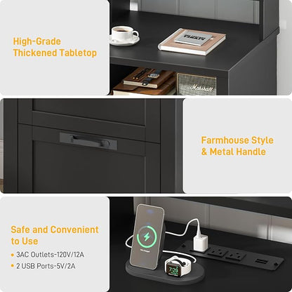 Halitaa 61" Farmhouse Executive Desk with Monitor Stand & File Drawers,Computer Desk with Storage Drawers,Large Workstation LED Lights and Power Outlets for Home Office,Study,Black