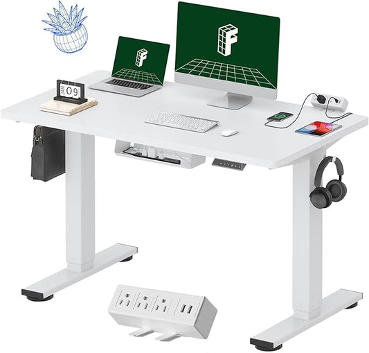 FLEXISPOT EN2 Whole-Piece Standing Desk with Clamp Power Strip, 48x24 Electric Stand Up Height Adjustable Desk with Cable Management (White Frame + 48" White Top)