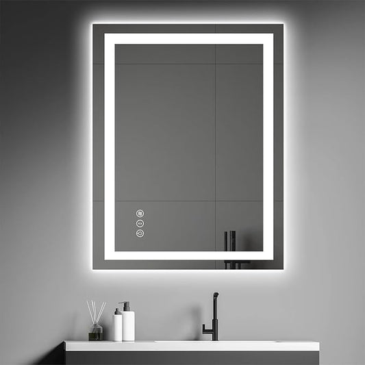 Awoco 28''x36'' LED Bathroom Mirror with Light, Lighted Vanity Mirror with Backlit and Front Light, Dimmable Anti-Fog Memory Function Lighted Mirror with 3 Colors for Bathroom Wall