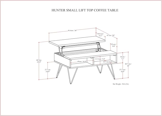 SIMPLIHOME Hunter Small Lift Top Coffee Table - 36 inch Wide Solid Walnut Veneer and Metal Industrial Cocktail Table, Living Room Table with Hidden Storage, 2 Cubbies, and Hairpin Legs