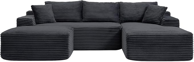 108 Inch Cloud Sectional Couch,Modern Modular Sectional Sofa with Deep Seat,Corduroy Boneless Couches with L-Shape Chaise for Living Room,No Assembly Required (Black, Right Facing Chaise + Ottoman)