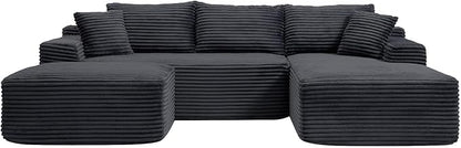 108 Inch Cloud Sectional Couch,Modern Modular Sectional Sofa with Deep Seat,Corduroy Boneless Couches with L-Shape Chaise for Living Room,No Assembly Required (Black, Right Facing Chaise + Ottoman)
