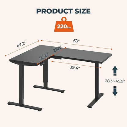 L-Shaped Standing Desk, 63 x 47 Inches Height Adjustable Desk, Sit and Stand up for Work Office Home, Ergonomic Rising Computer Table for Home Office with Splice Board, Black