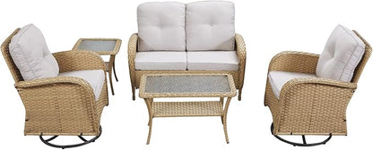 HUMMUH 5-Piece Patio Furniture Wicker Outdoor Conversation Set,All-Weather Rattan Swivel Chairs Bistro Set with Loveseat Coffee Table for Backyard,Poolside,Deck (Yellow/Beige)