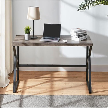 HSH Home Office Desk, Industrial Metal Wood Computer Desk for PC Laptop Work Writing Study Gaming in Bedroom Living Room, Dark Gray Oak, 47 Inch