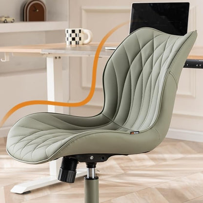 YOUNUOKE Armless Desk Chair Comfy Office Chair with Wheels Home Ergonomic Task Chair Adjustable Computer Chairs Modern Faux Leather Swivel Chair Upholstered Makeup Vanity Chair with Back(Olive Green)