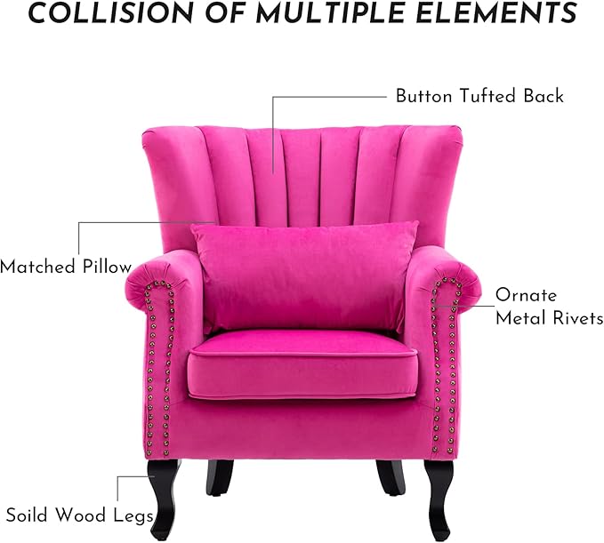 Accent Reading Arm Chairs Set of 2 Midcentury Modern Comfy Corner Sofa Chair, Wingback Waiting Room Club Chair with Tufted Back for Living Room/Bedroom/Reception Room, Velvet Rose