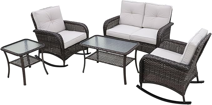 COOS BAY Vintage Courtyard Patio Furniture Set, Wicker Outdoor Furniture, Patio Conversation Sets, 2 Rocking Chairs, Loveseat, Coffee Table and Side Table, 5 Pieces, Gray/Beige