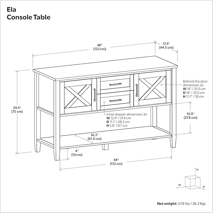 SIMPLIHOME Ela Console Table - 48 Inch Wide Solid Wood Sofa Table in Smoky Brown, Transitional Storage for Entryway or Living Room with 2 Drawers, 2 Cabinets, Open Shelf, and X-Panel Doors