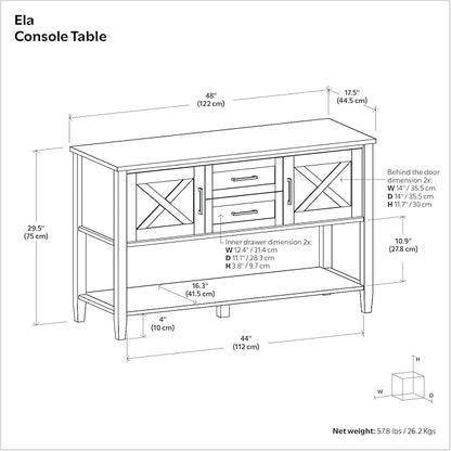SIMPLIHOME Ela Console Table - 48 Inch Wide Solid Wood Sofa Table in Smoky Brown, Transitional Storage for Entryway or Living Room with 2 Drawers, 2 Cabinets, Open Shelf, and X-Panel Doors