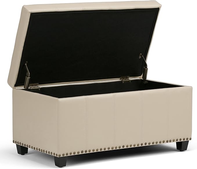 SIMPLIHOME Amelia 33 inch Wide Transitional Rectangle Storage Ottoman Bench in Satin Cream Vegan Faux Leather, Assembled, For the Living Room, Entryway and Family Room