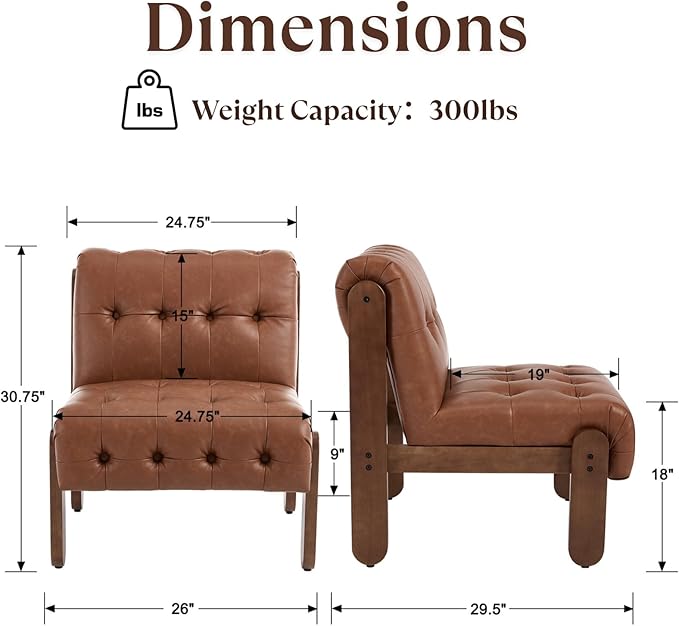 HEAH-YO Accent Chair Set of 2,Modern Vintage Living Room Chair for Bedroom with Button Tufted Back and Wood Legs,Upholstered Comfy Reading Chair for Makeup Vanity Cafe,PU Brown