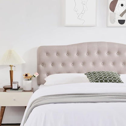 Upholstered Full Headboard, Button Diamond Tufted Headboard with Adjustable Height and Solid Wood Leg, Linen Fabric Padded Headboards for Full Size Bed, Mordern Head Board, Beige