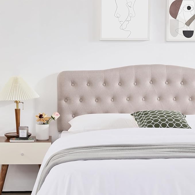 Upholstered Twin Headboard, Button Diamond Tufted Headboards with Adjustable Height and Solid Wood Leg, Linen Fabric Padded Headboard for Twin Size Bed, Mordern Head Board, Beige