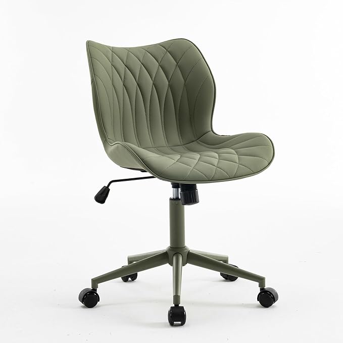 YOUNUOKE Armless Desk Chair Comfy Office Chair with Wheels Home Ergonomic Task Chair Adjustable Computer Chairs Modern Faux Leather Swivel Chair Upholstered Makeup Vanity Chair with Back(Olive Green)