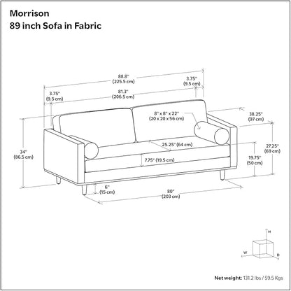 SIMPLIHOME Morrison 89-inch Wide Sofa in Cream White Woven-Blend Fabric, Handcrafted Mid-Century Modern Couch for Living Room or Family Room, Single Bench Cushion, Bolster Pillows