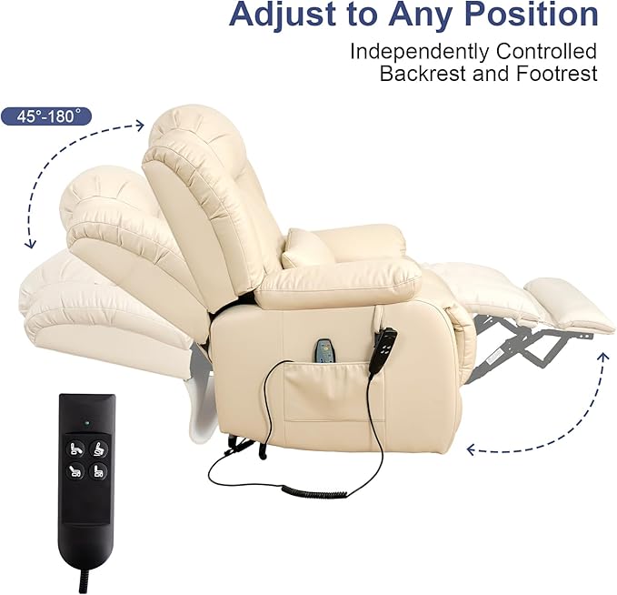 MAEVIS Large Genuine Leather Power Lift Recliner Chair, Dual Motor Recliner for Elderly,Extended Footrest and Lumbar Pillow for Tall Man,with Heat and Massage, USB and Type-C Ports(Beige)