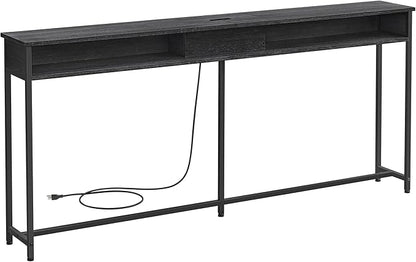 VASAGLE 70.9-Inch Console Table with Outlet and Shelves, Sofa Table with Charging Station, Behind Couch Table Skinny, Entryway Table for Hallway, Living Room, Charcoal Gray and Ink Black ULNT118B22
