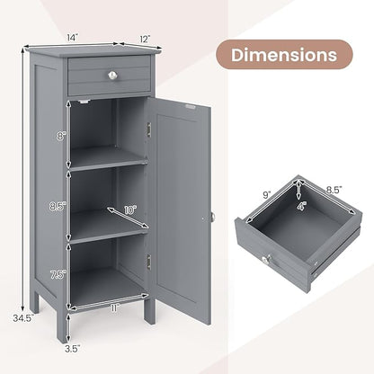 LOKO Bathroom Floor Cabinet, Freestanding Single Door Storage Cabinet with Drawer & Adjustable Shelves, Corner Narrow Storage Organizer for Living Room, Entryway (Grey)