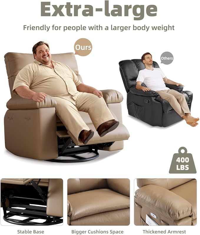 GarveeHome Oversized Recliner Chairs, Classic Manual Leather Recliner, Home Theater Seating with Lumbar & Arms Support for Living Room, Bedroom and Nursery - Tan