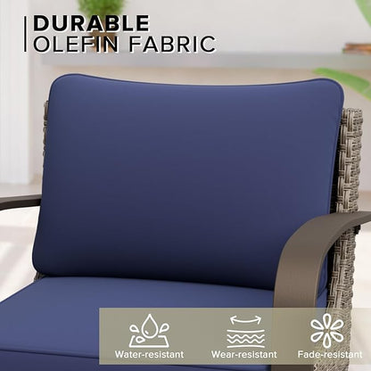 COOS BAY Aurora Terrace Half-Moon Outdoor Furniture Set, Rattan Conversation Set with Patio Chairs, Curved 5-Seat Sofa, Coffee Table, Seats 7, Beige/Blue