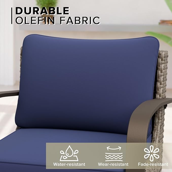 COOS BAY Aurora Terrace Half-Moon Outdoor Furniture Set, Rattan Conversation Set with Patio Chairs, Curved 4-Seat Sofa, Coffee Table, Seats 6, Beige/Blue