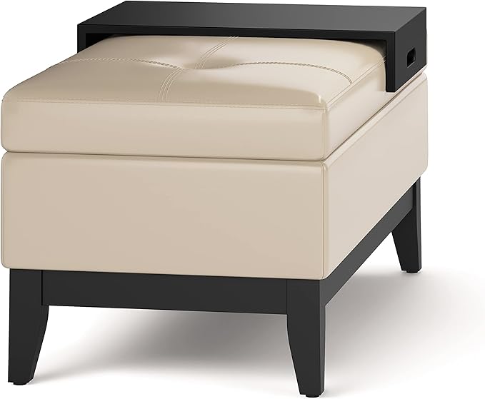 SIMPLIHOME Oregon 42 inch Wide Transitional Rectangle Storage Ottoman Bench with Tray in Satin Cream Vegan Faux Leather, Assembled, For the Living Room, Entryway and Family Room