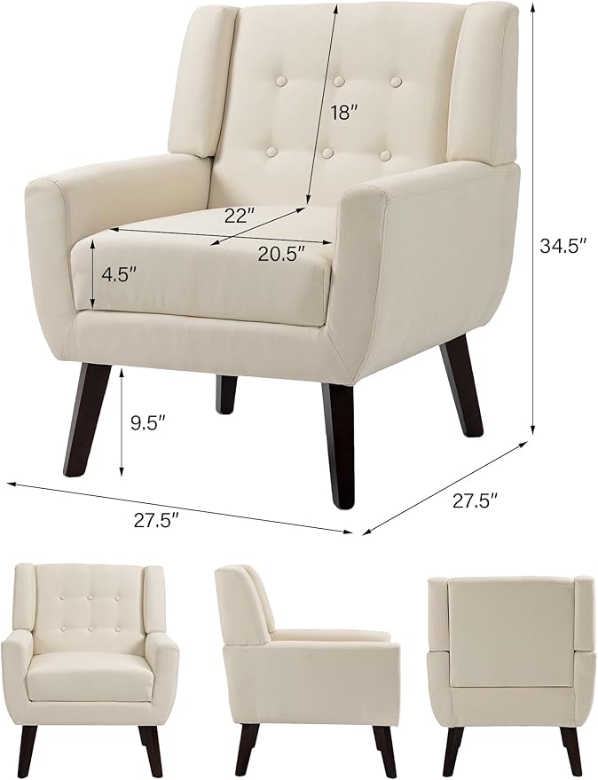 Accent Chair, Mid-Century Modern Fabric Chairs with Arms for Living Room, Comfy Upholstered Club Single Sofa Armchair for Bedroom Waiting Room with Solid Wood Frame (Fabric White, Set of 1)