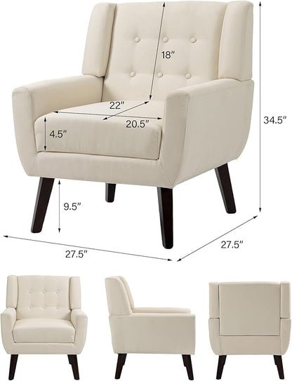 Accent Chair, Mid-Century Modern Fabric Chairs with Arms for Living Room, Comfy Upholstered Club Single Sofa Armchair for Bedroom Waiting Room with Solid Wood Frame (Fabric White, Set of 1)