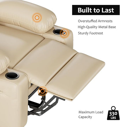 27" Oversized Power Recliner Chair, Faux Leather Rocking Chair with Heat & Massage, 360° Swivel Modern Electric Recliner with Cup Holder ＆ USB Charging for Living Room, Bedroom, Nursery - Beige