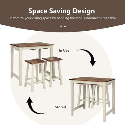 COSTWAY 3 Pieces Dining Set, Counter Height Pub Table Set with 2 Saddle Stools, Industrial Wood Breakfast Table Set for Bar, Kitchen, Living Room, Restaurant