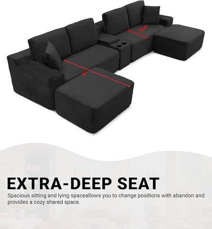 150" Oversized Modular Sectional Sofa,Deep Seat Cloud Corduroy Boneless Couch with Cup Holders,USB Ports, Wireless Charging & Storage Box,Upholstered Modular Sleeper Sofa for Living Room (Black)