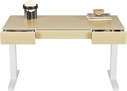 HUANUO Electric Standing Desk with 3 Drawers, 48 Inches Height Adjustable Stand Up Desk, Whole-Piece Board Computer Workstation with 4 Memory Height Settings, Light Walnut