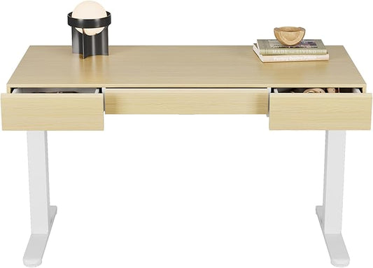 HUANUO Electric Standing Desk with 3 Drawers, 48 Inches Height Adjustable Stand Up Desk, Whole-Piece Board Computer Workstation with 4 Memory Height Settings, Light Walnut
